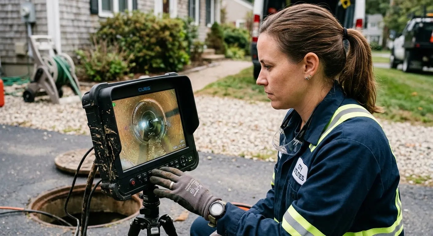 Technician reviewing sewer camera inspection footage in Perryville