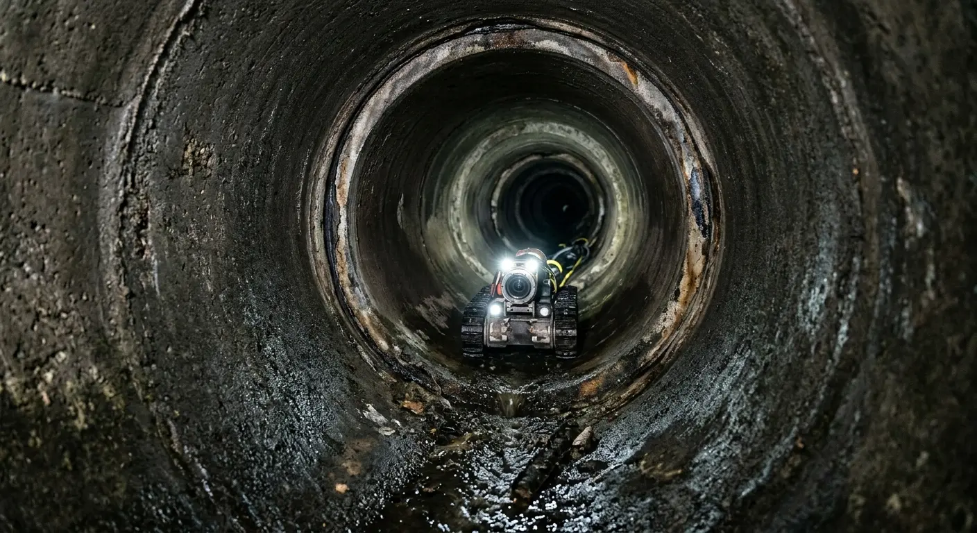 Robotic sewer camera inspecting pipe interior for Sewer Line Cleaning in Perryville