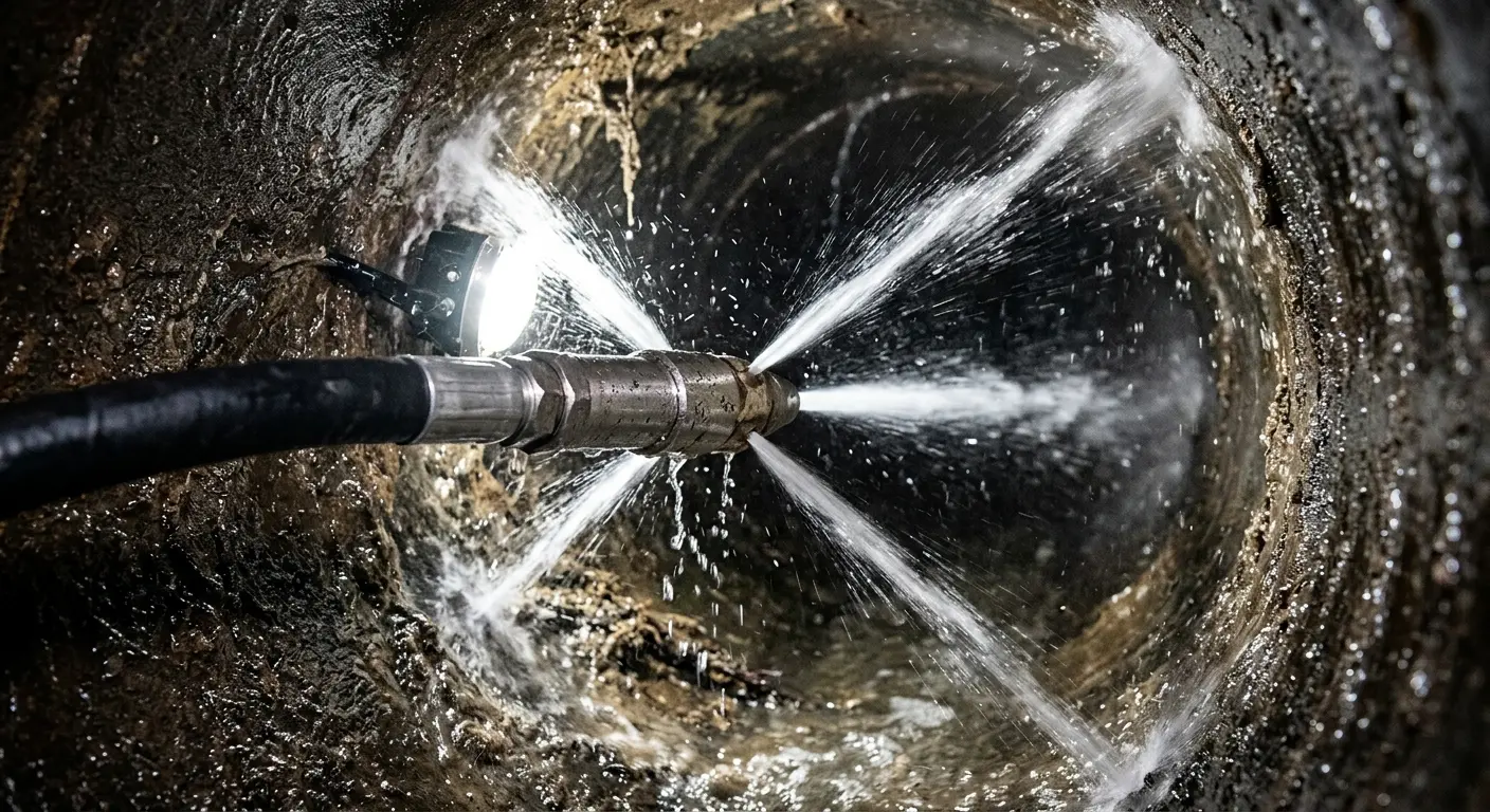 High-pressure hydro jetting nozzle cleaning sewer pipe for Emergency Drain Service in Perryville