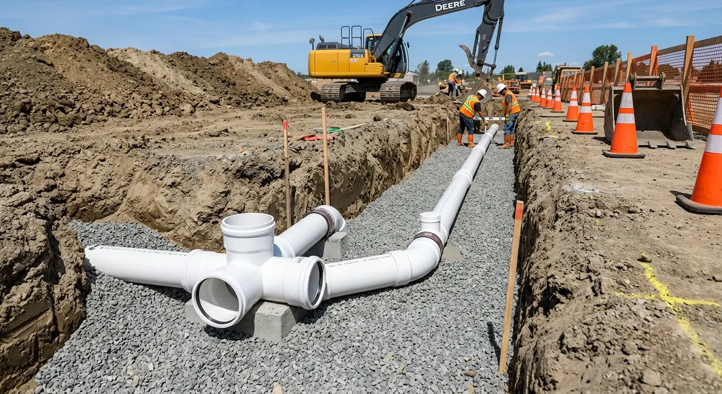 New PVC sewer pipe installation in open trench for Commercial Drain Cleaning in Perryville