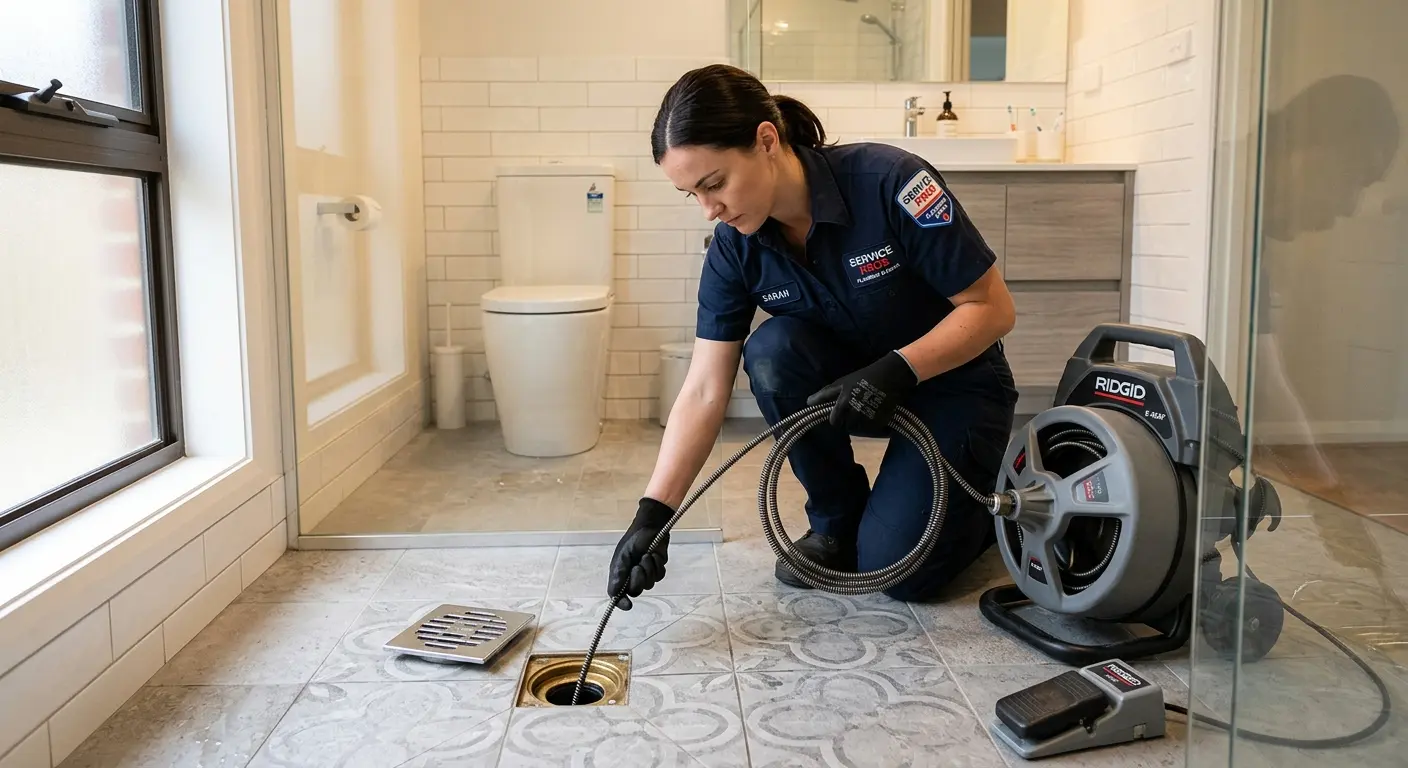 Technician clearing a bathroom floor drain for Clogged Drain Repair in Perryville